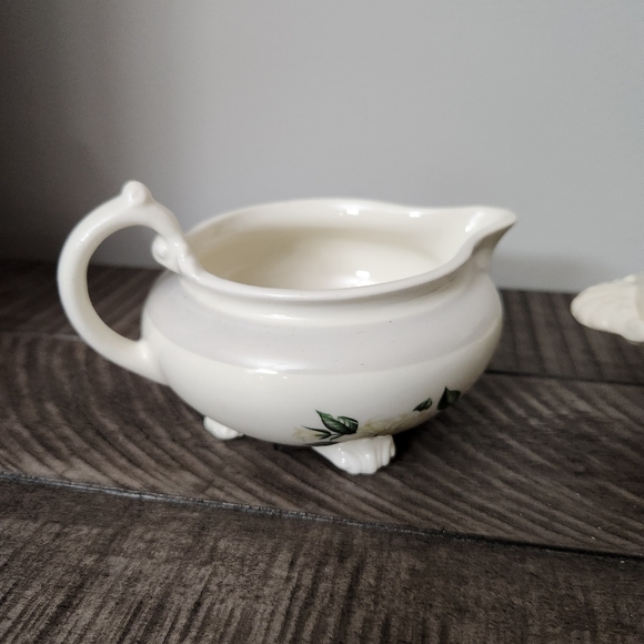 Vintage Homer Laughlin Nautilus Grey Gardenia Footed Sugar Bowl Lid Creamer Set - Picture 2 of 13